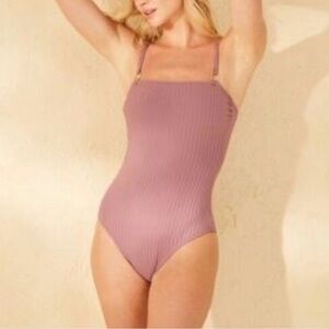 New Shade & Shore Womens Mauve Pink High Leg Cheeky One Piece Swimsuit Large NWT